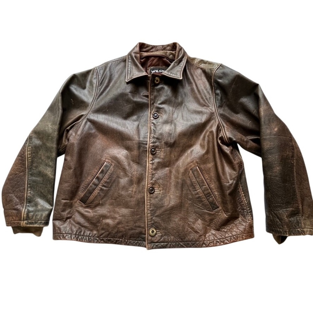 Vintage Wilsons XXL Brown Leather Chore Jacket Distressed Patina Workwear